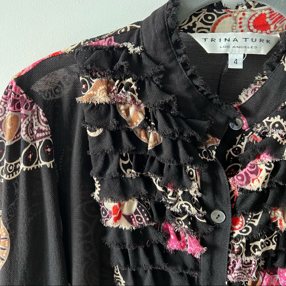 Trina Turk Ruffle Blouse Silk Wool Victorian Top Career R - Picture 2 of 11